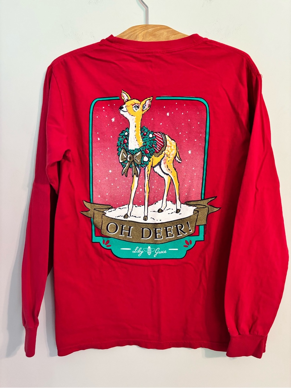Lily Grace Oh Deer Red long sleeve Christmas Tshirt